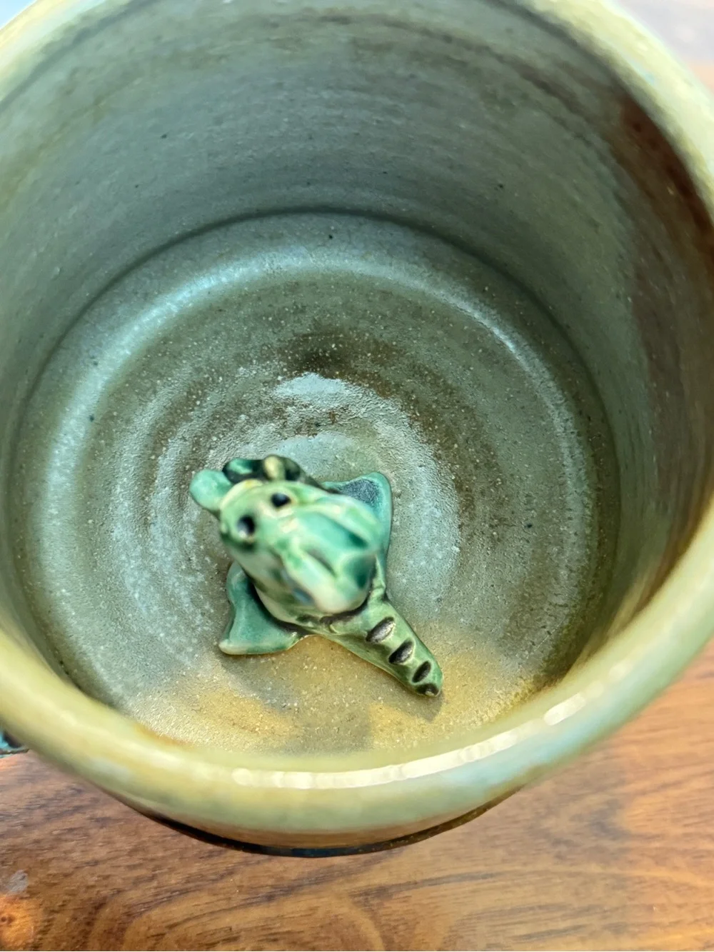 Signed Art Pottery Dinosaur Coffee Tea Mug Hidden Surprise
